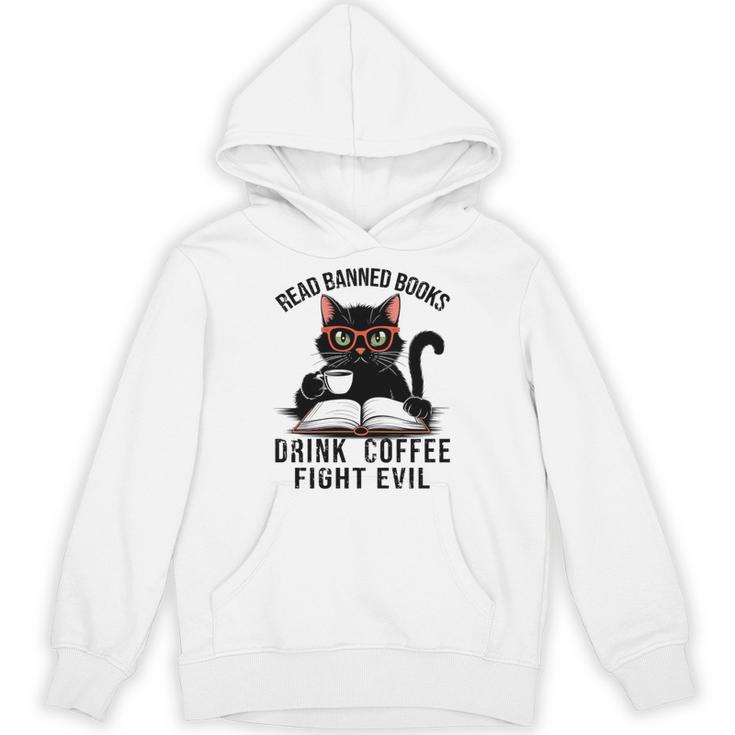 Read Banned Books Drink Coffee Fight Evil Retro Cat Unisex Hoodie