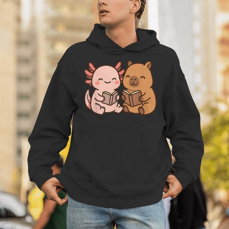 Capybara Axolotl Kawaii Kids Anime Book Lover Reading Unisex Hoodie Capybara Axolotl Kawaii Kids Anime Book Lover Reading Unisex Hoodie
