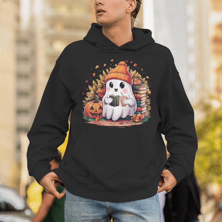Cute Ghost Drinking Coffee Halloween Reading Book Retro Unisex Hoodie