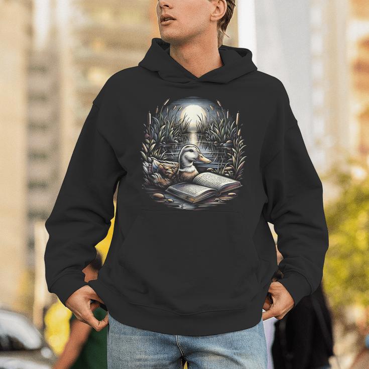 Duck Reading Book Full Moon Lake Scenery Unisex Hoodie