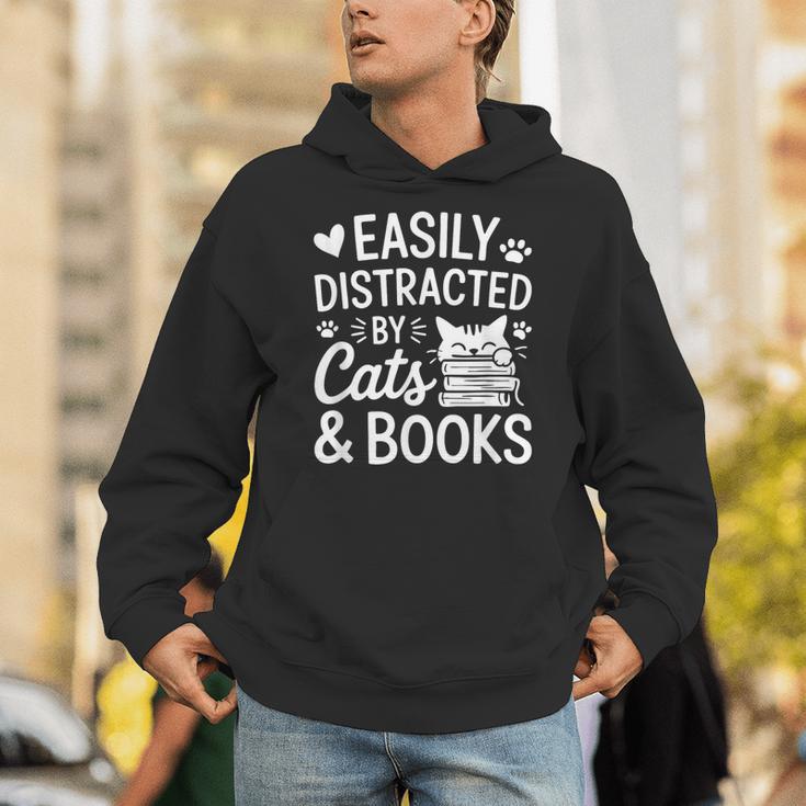 Easily Distracted By Cats And Books Reading Apparel Unisex Hoodie