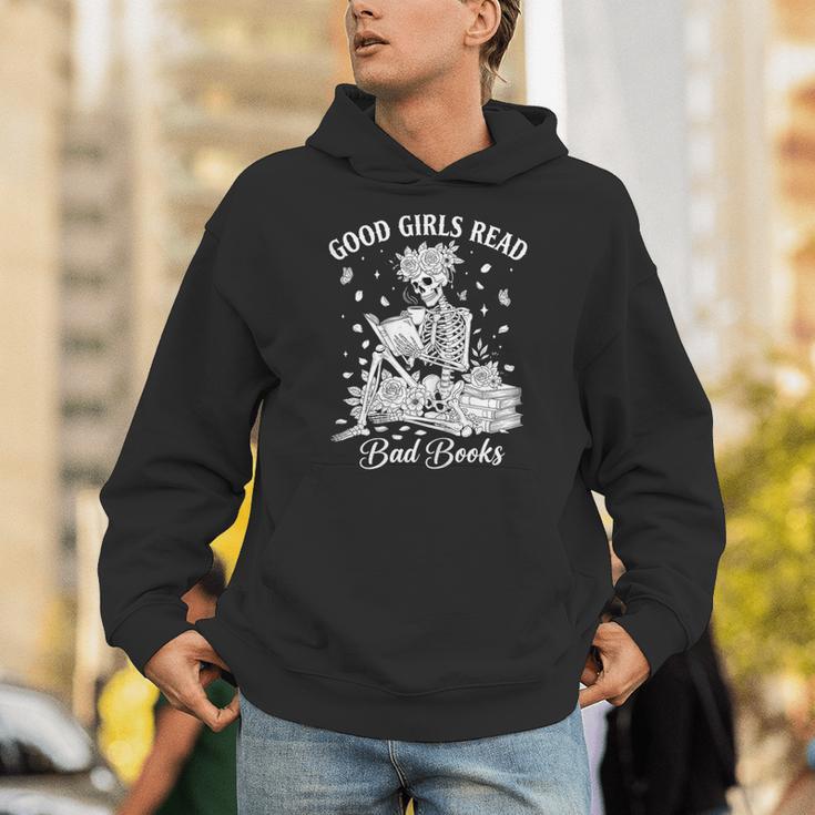 Good Girls Read Bad Books Skeleton Reading Book Halloween Unisex Hoodie