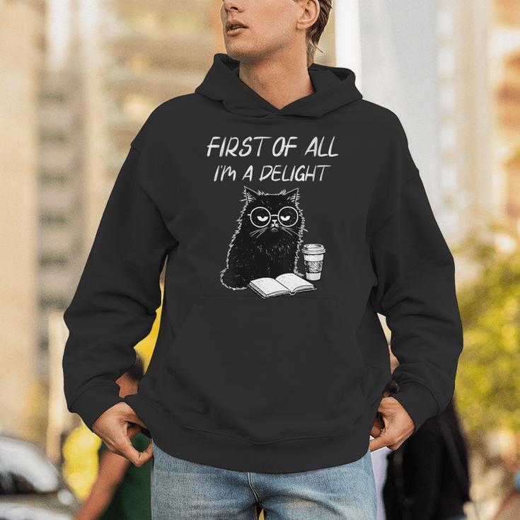 Women's First Of All I’m A Delight Cute Cat Books Coffee Humor Unisex Hoodie Women's First Of All I’m A Delight Cute Cat Books Coffee Humor Unisex Hoodie