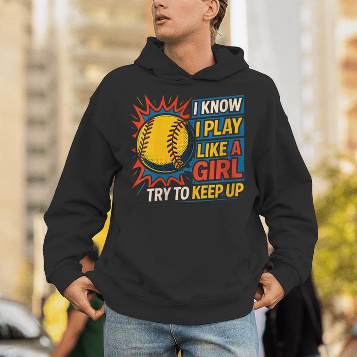 Women's Girls Softball Play Like A Girl Comic Book Pop Art Unisex Hoodie