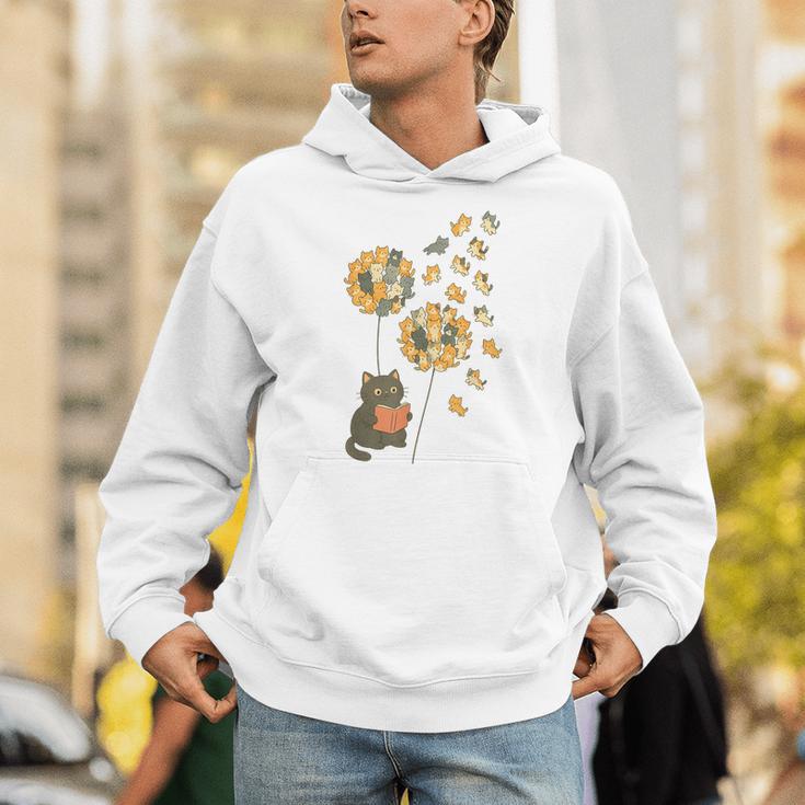 Cute Reading Cat With Kitten Dandelion Flowers Book Lover Unisex Hoodie