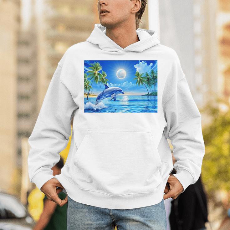Frutiger Aero Dolphin Sunset Ocean With Palm Trees Y2k Premium Unisex Hoodie Frutiger Aero Dolphin Sunset Ocean With Palm Trees Y2k Premium Unisex Hoodie