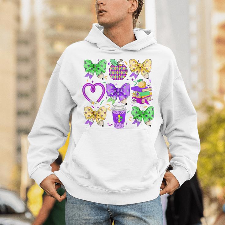 Mardi Gras Teacher Coquette Bow Pencil Apple Book Women Girl Unisex Hoodie
