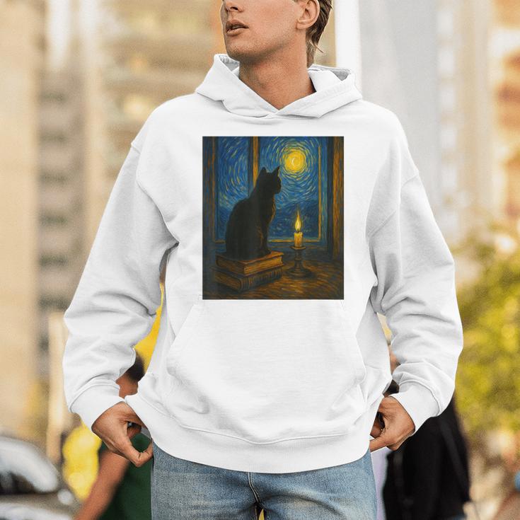 Van Gogh Starry Night Art Cat And Book Lovers Unisex Hoodie