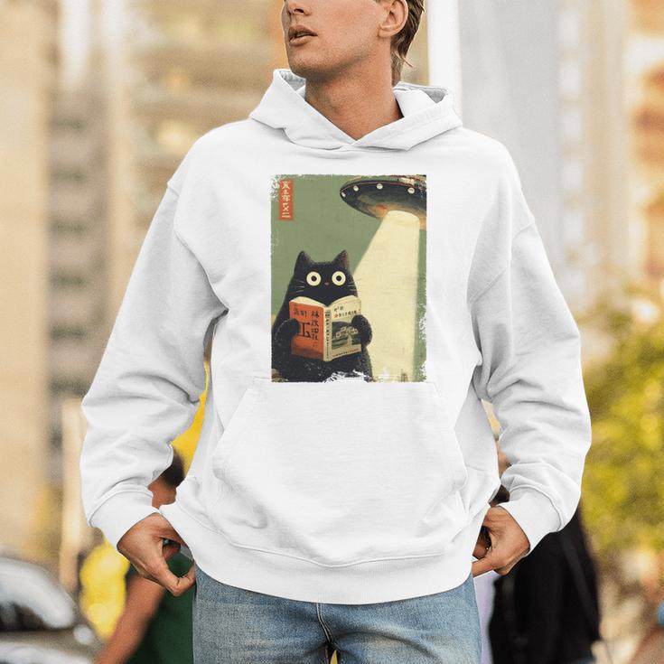 Vintage Japanese Cat Book Lovers UFO Alien Abduction Cat Dad Unisex Hoodie