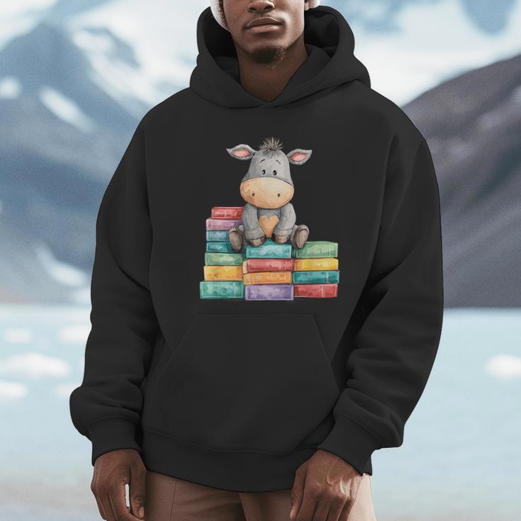 Adorable Donkey With Heart Sitting On Colorful Book Stack Unisex Hoodie