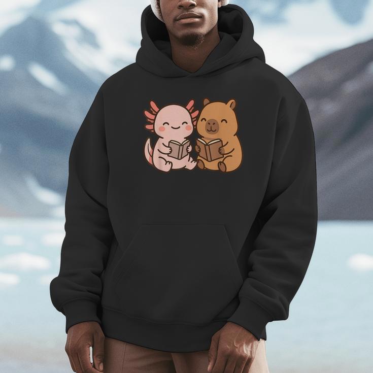 Capybara Axolotl Kawaii Kids Anime Book Lover Reading Unisex Hoodie Capybara Axolotl Kawaii Kids Anime Book Lover Reading Unisex Hoodie