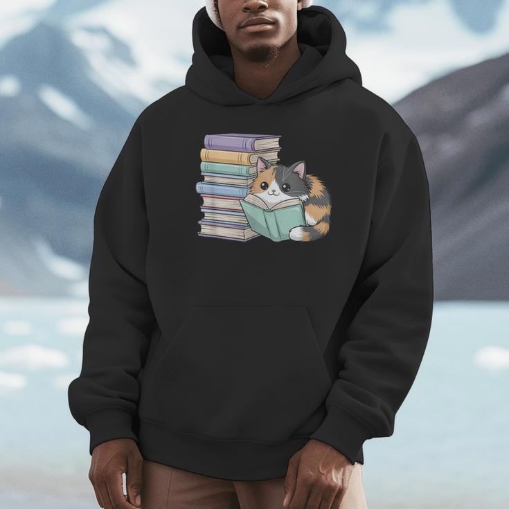 Cat On Books Pets Cats Reading Book Nerd Read Reader Bookcat Unisex Hoodie