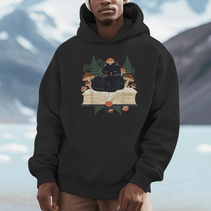 Cat On Open Book Mushrooms Ferns Dark Academia Unisex Hoodie Cat On Open Book Mushrooms Ferns Dark Academia Unisex Hoodie