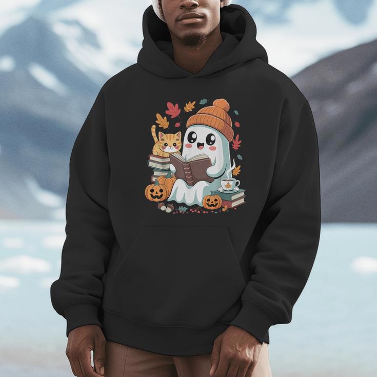 Cute Cozy Ghost Reading With Cat Book Lover Autumn Fall Unisex Hoodie
