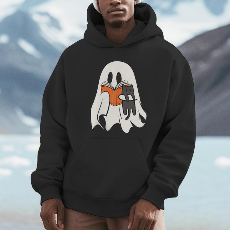 Cute Ghost Cat Reading Book Spooky Season Halloween Costume Unisex Hoodie
