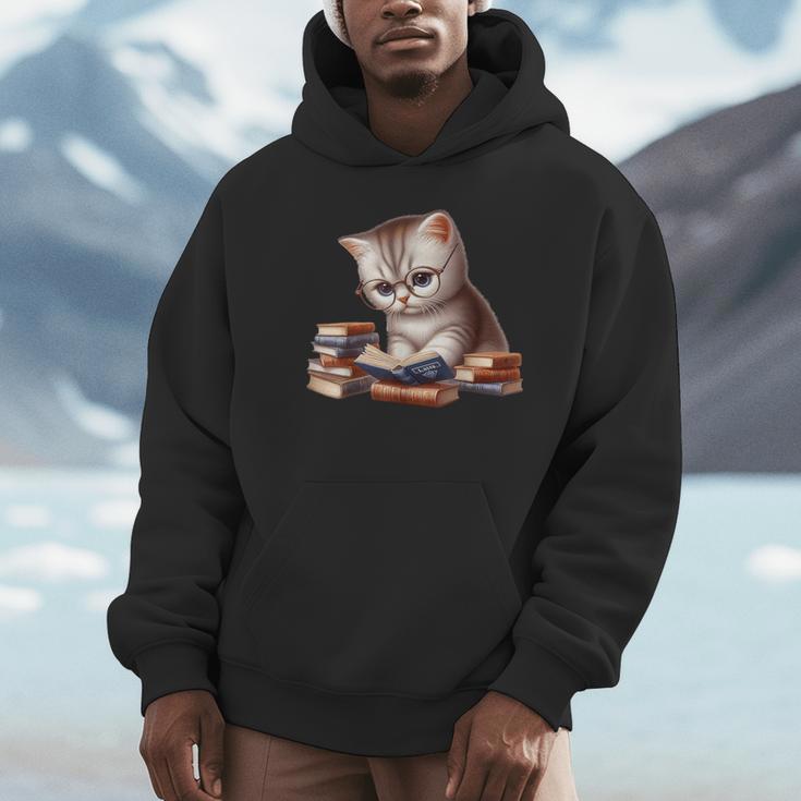 Cute Kitten Bookworm Adorable Cat With Glasses Reading Book Unisex Hoodie