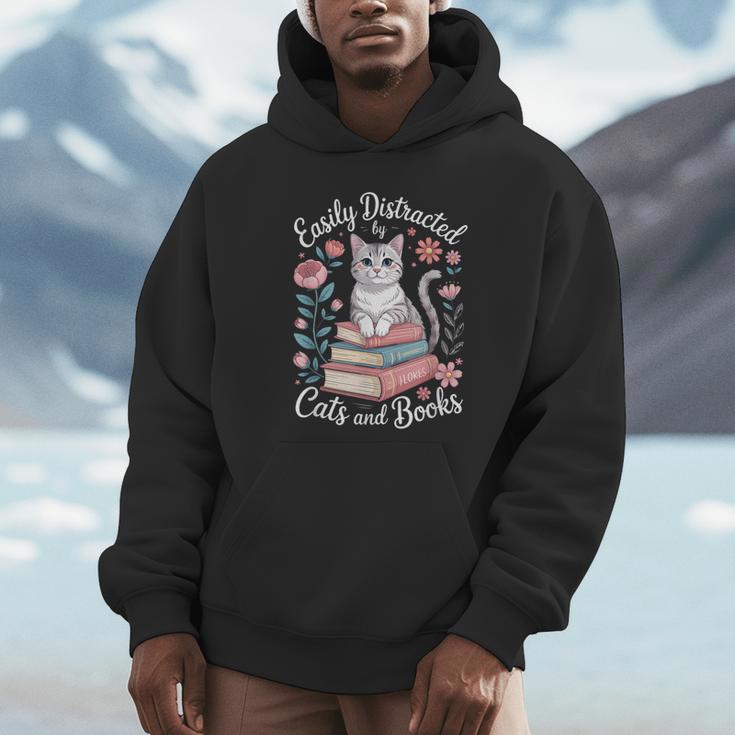 Easily Distracted By Cats And Books Reading Unisex Hoodie