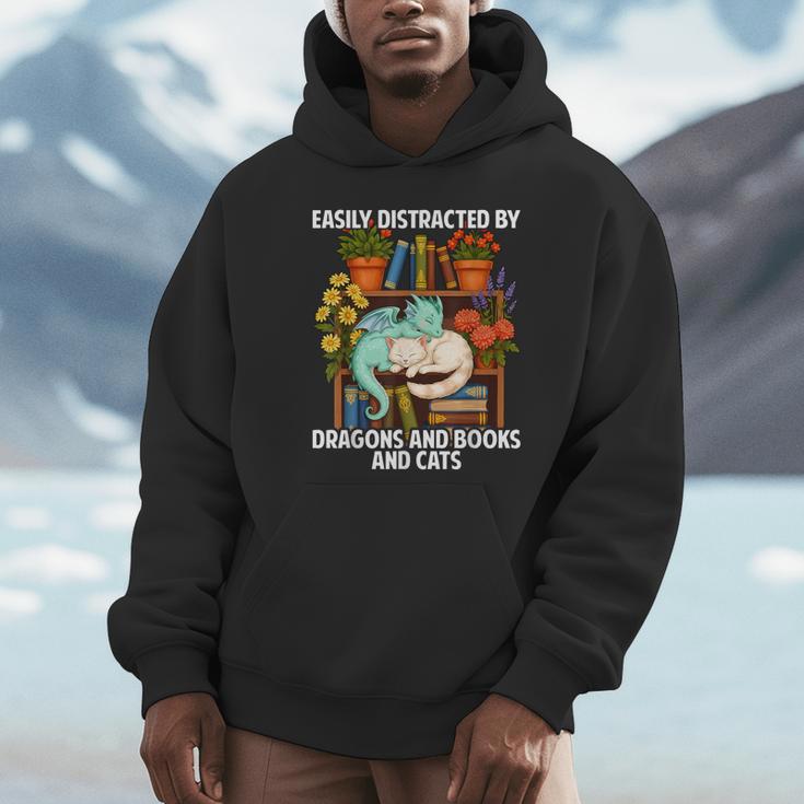 Easily Distracted By Dragons Books Cats Fantasy Book Lover Unisex Hoodie