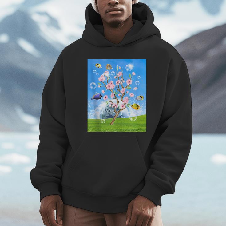 Frutiger Aero Aesthetic Tech Cherry Blossom Fishes Bubbles Unisex Hoodie
