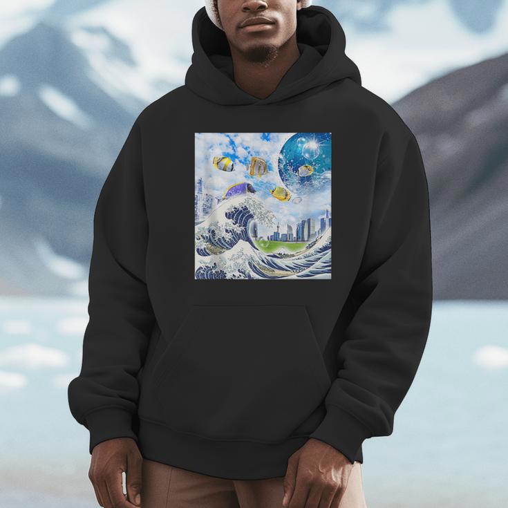Frutiger Aero Aesthetic Tech Great Wave Of Kanagawa Fishes Unisex Hoodie