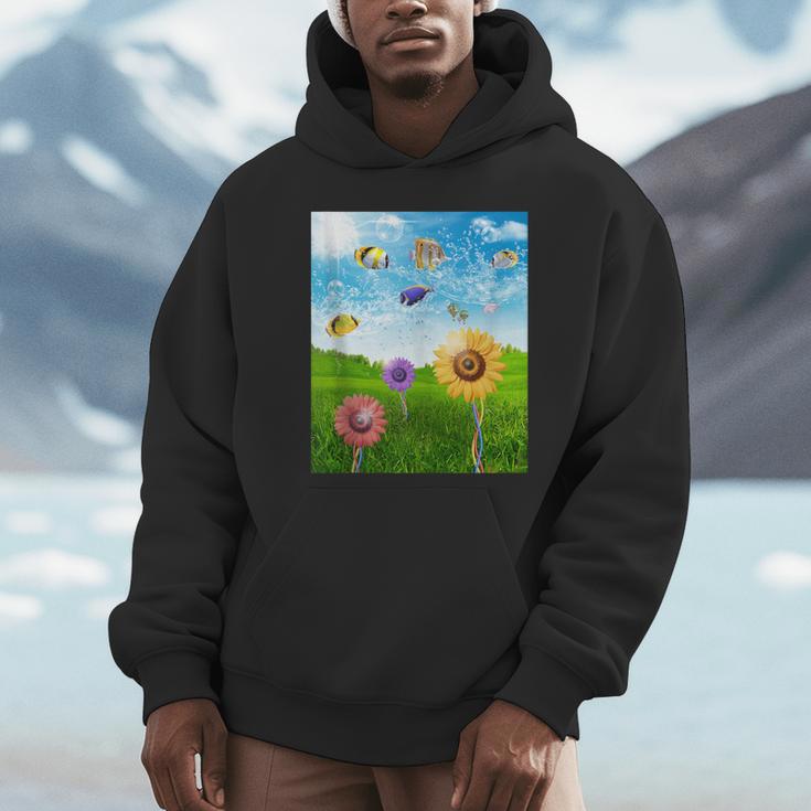 Frutiger Aero Aesthetic Tech Scenery Fishes Sunflower Unisex Hoodie