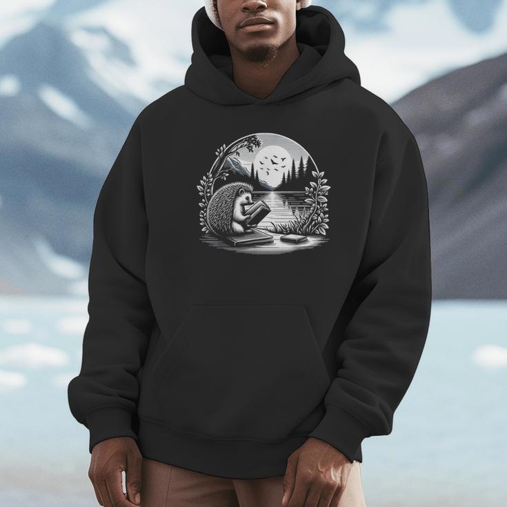 Hedgehog Reading Book Full Moon Lake Scenery Unisex Hoodie