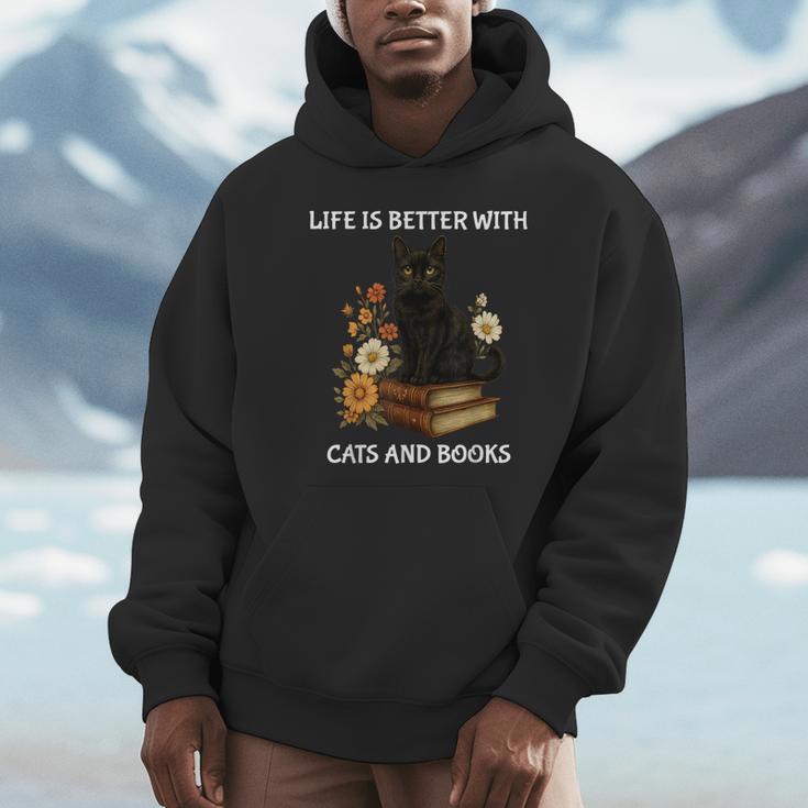 Life Is Better With Cats And Books Cute Cat Lover For Men Women Kids Unisex Hoodie