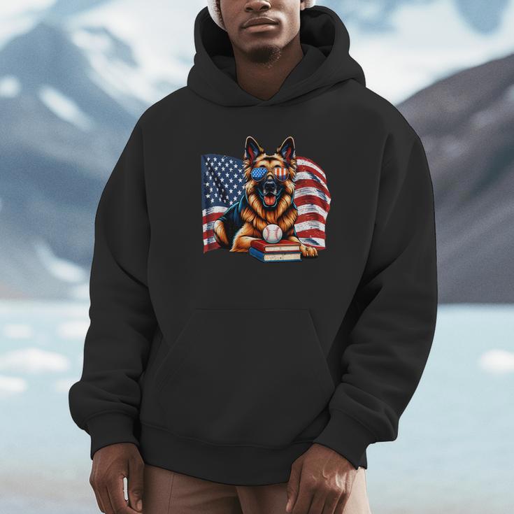 Patriotic German Shepherd Books Baseball USA Flag Vintage Unisex Hoodie