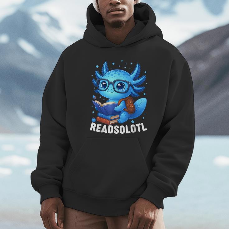 Readsolotl Blue Kawaii Axolotl Book Lover Reading Unisex Hoodie Readsolotl Blue Kawaii Axolotl Book Lover Reading Unisex Hoodie