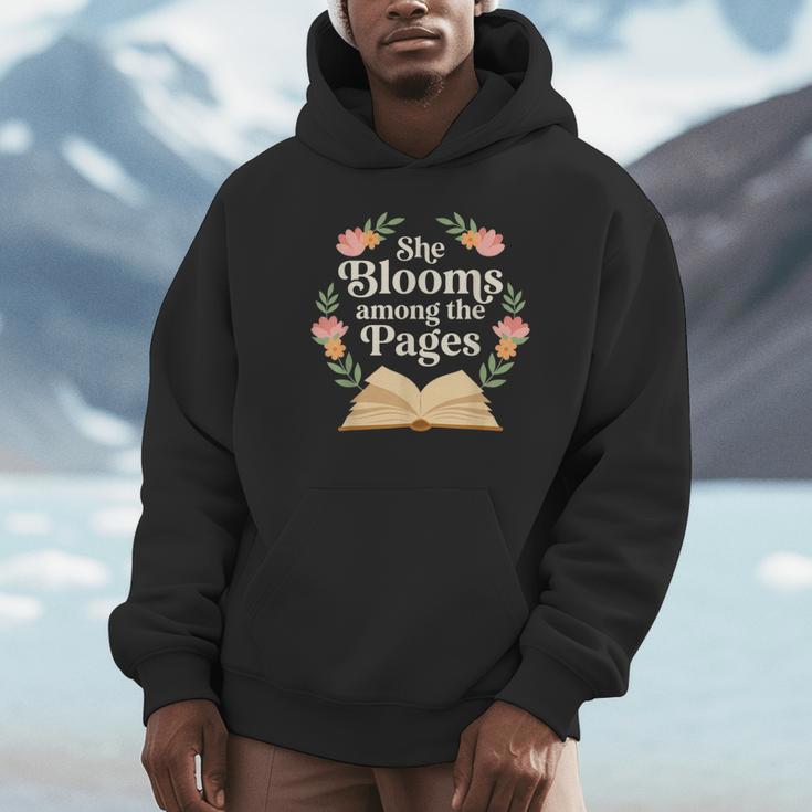 She Blooms Among The Pages Women Mom Wife Floral Book Quote Unisex Hoodie