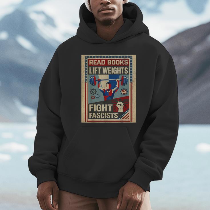 Vintage Style Read Books Lift Weights Fight Fascists Retro Unisex Hoodie Vintage Style Read Books Lift Weights Fight Fascists Retro Unisex Hoodie