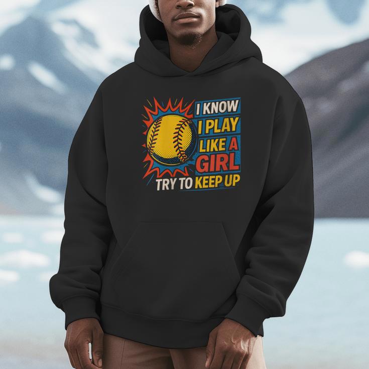 Women's Girls Softball Play Like A Girl Comic Book Pop Art Unisex Hoodie