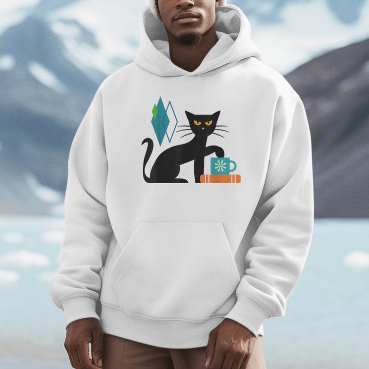 Cat Midcentury With Book And Coffee Atomic Age Mid Century Unisex Hoodie