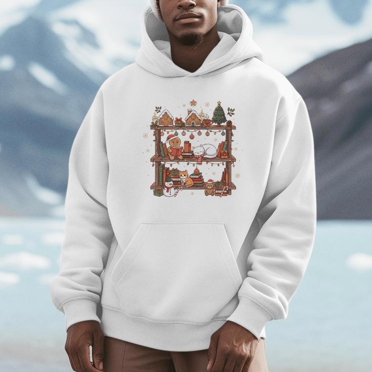 Christmas Cats Bookshelf Gingerbread Unisex Hoodie