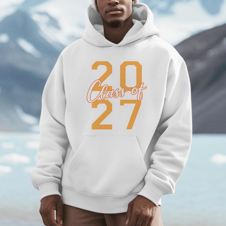 Class Of 2027 Graduation Varsity Orange On The Back Premium Tri-Blend Unisex Hoodie