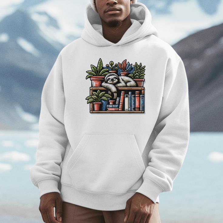 Cosy Sloth In Bookshelf With Plants Unisex Hoodie