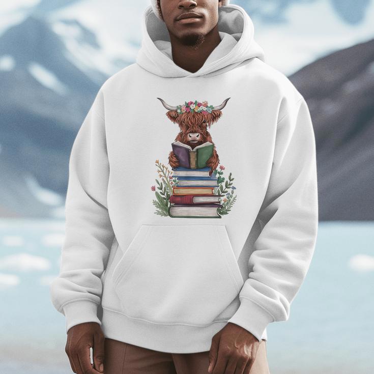Cute Highland Cow With Book Floral Bookworm Librarian Book Unisex Hoodie