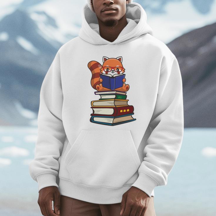 Cute Kawaii Kids Reading Books Glasses Red Panda Lover Unisex Hoodie