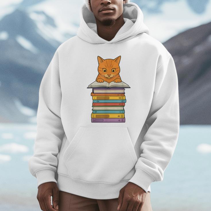 Cute Orange Tabby Cat Reading On Pile Of Books Unisex Hoodie