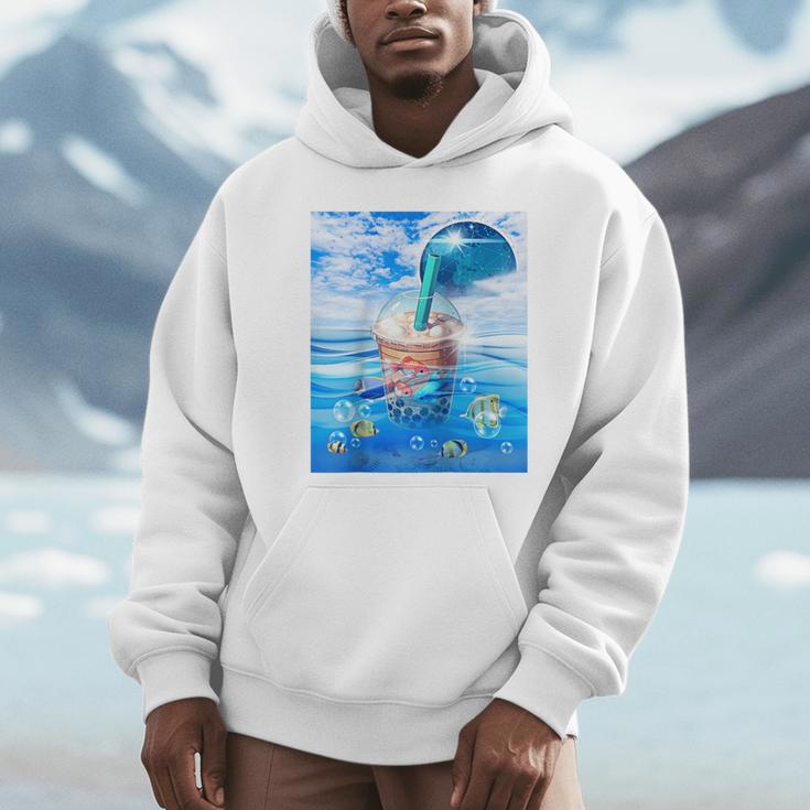 Frutiger Aero Aesthetic Tech Bubble Tea Boba Milktea Fishes Raglan Baseball Tee Unisex Hoodie