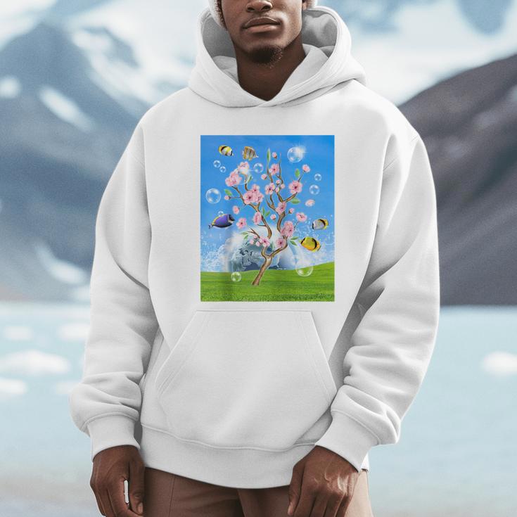 Frutiger Aero Aesthetic Tech Cherry Blossom Fishes Bubbles Raglan Baseball Tee Unisex Hoodie