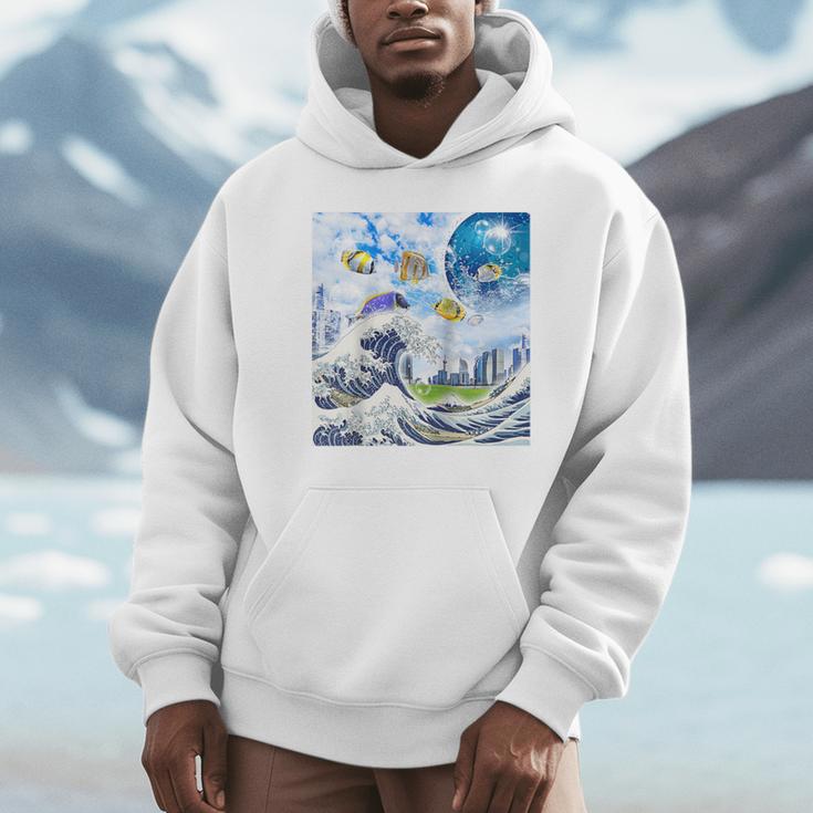 Frutiger Aero Aesthetic Tech Great Wave Of Kanagawa Fishes Raglan Baseball Tee Unisex Hoodie