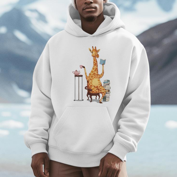 Giraffe Reading Tea Books Coffee Book Lover Graphic Unisex Hoodie