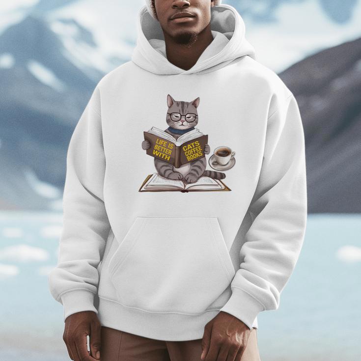 Life Is Better With Cats Coffee Books Cat Reading Book Unisex Hoodie