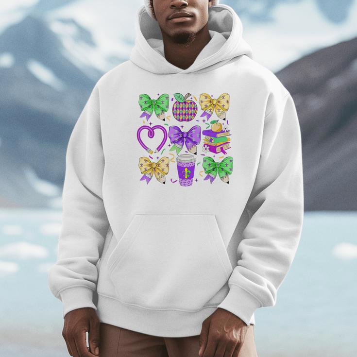 Mardi Gras Teacher Coquette Bow Pencil Apple Book Women Girl Unisex Hoodie