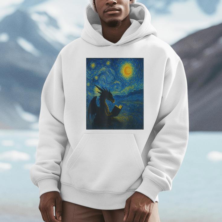 Van Gogh Starry Night Fantasy Reader Dragon Reading Book Unisex Hoodie