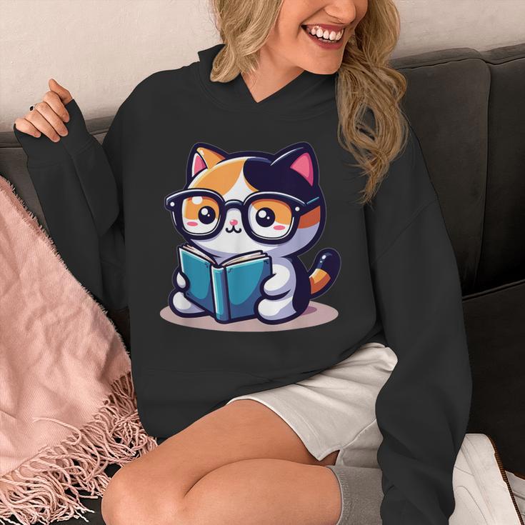 Adorable Book Lover Calico Cat With Reading Glasses Cute For Men Women Kids Unisex Hoodie