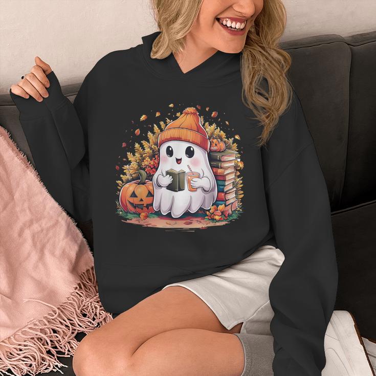 Cute Ghost Drinking Coffee Halloween Reading Book Retro Unisex Hoodie