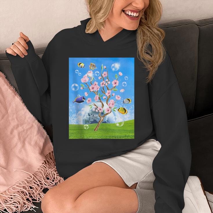 Frutiger Aero Aesthetic Tech Cherry Blossom Fishes Bubbles Unisex Hoodie