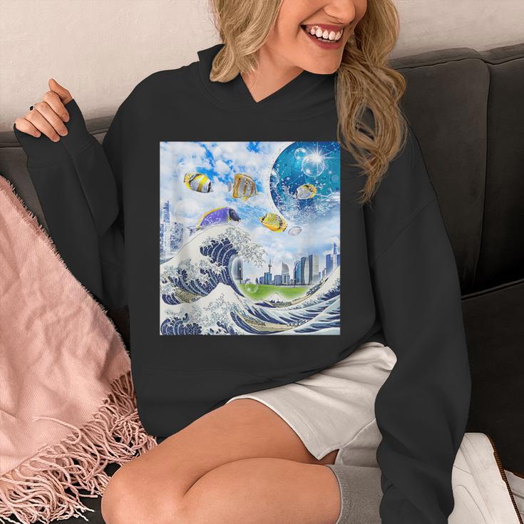 Frutiger Aero Aesthetic Tech Great Wave Of Kanagawa Fishes Unisex Hoodie